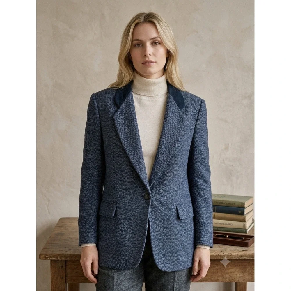 Vintage Herringbone Tweed Blazer Jacket Academia Heritage Longline Wool Size 12